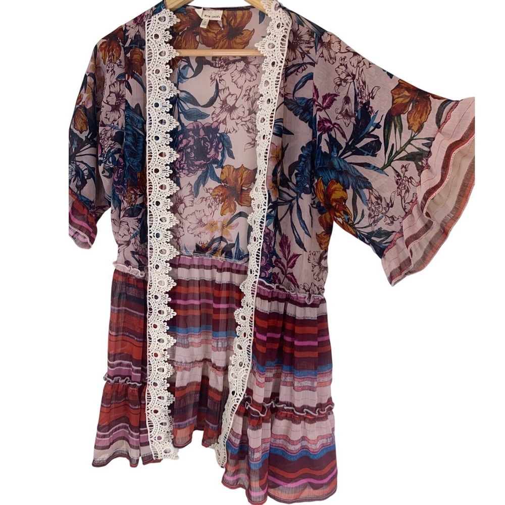 Tru Self Floral Striped Lace Trim Kimono Small Boho Festival Cottagecore Women